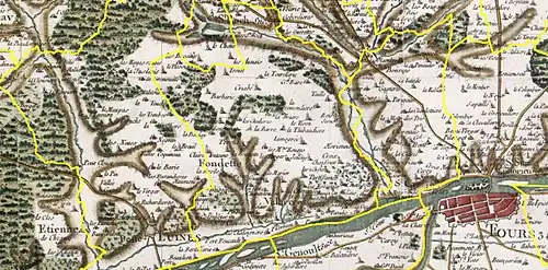 Extrait d'une carte de Cassini sur laquelle apparaissent la commune de Fondettes, ses lieux-dits et ses alentours, en région de Touraine.