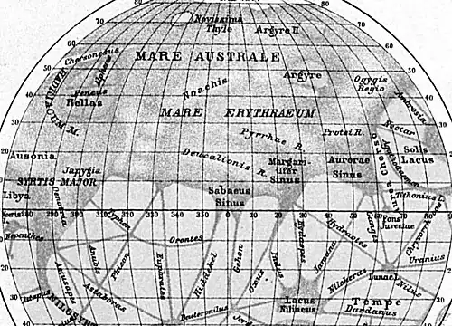 carte en noir et blanc représentant la topographie de la planète Mars