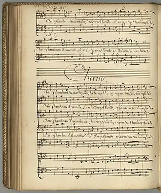 Page d'un manuscrit du 18e siècle, partition et paroles des Indes galantes