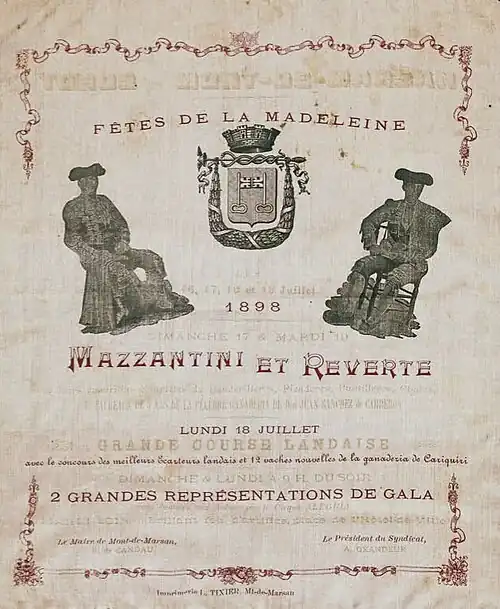 Cartel des Fêtes de la Madeleine à Mont-de-Marsan de 1898 avec les matadors espagnols Mazzantini et Reverte.