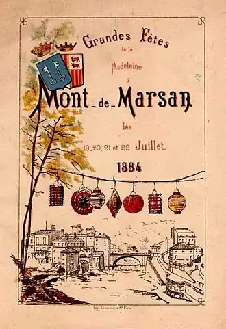 Affiche des fêtes de la Madeleine de 1884, ornée du blason de Mont-de-Marsan et des armes des comtes de Foix et vicomtes de Béarn.