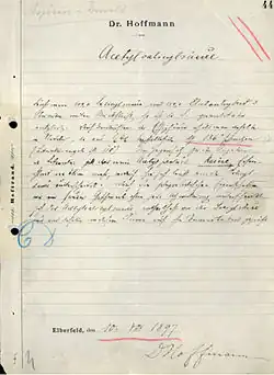Protocole de laboratoire de Felix Hoffmann du 10 août 1897