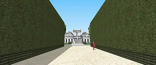 Vue de la folie Titon depuis le bout du jardin. Seul le pavillon central est visible.