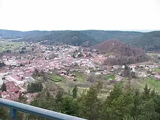 Centre-ville, église et motte castrale.