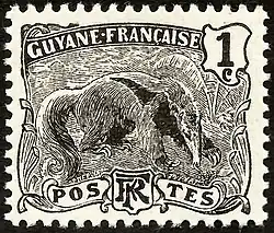 Timbre type Guyane française (1904), 1 centime noir, gravé par Puyplat.