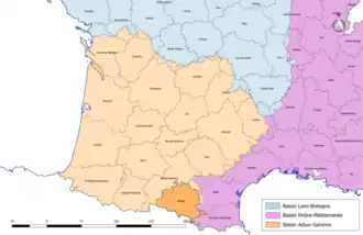 Localisation du département de l’Ariège sur la carte des bassins hydrographiques français.