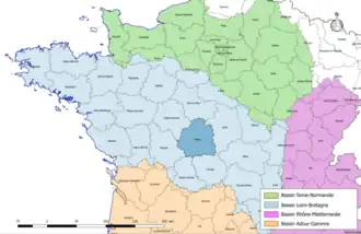Localisation du département de l'Indre sur la carte des bassins hydrographiques français.