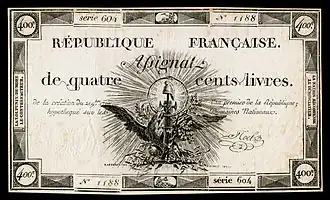 Assignat de 400 livres dessiné par Gatteaux et gravé par Tardieu en 1792.