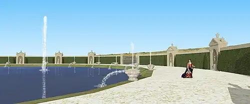 Restitution de la vue de biais sur les cascades basses des jardins du château de Frémont, première moitié du XVIIe