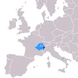 Diffusion du francoprovençal : bleu : protégé, azur : région historique, azur clair : zone de transition.