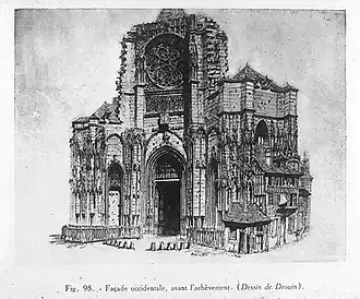 Façade occidentale de l'abbatiale Saint-Ouen avant achèvement. Dessin de Drouin.