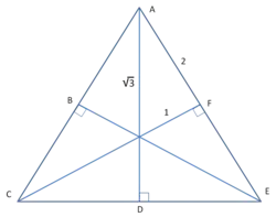 Triangle équilatéral avec perpendiculaires entrecroisées formant plusieurs triangles