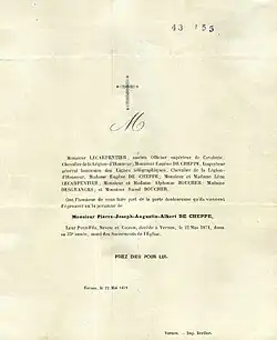 Faire-part décès de Pierre Joseph Augustin de Cheppe