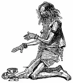 Gravure en noir et blanc montrant un fakir agenouillé.