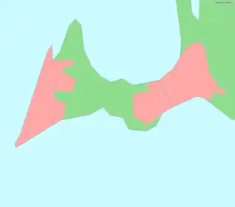 Carte de la péninsule de Falsterbo. Les zones en rose correspondent aux villes de Skanör med Falsterbo (à gauche), de Ljunghusen et de Höllviken (à droite, de part et d'autre du :canal de Falsterbo&nbsp;(en)).