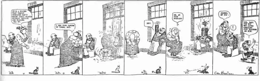 The Family upstairs, juillet 1910. La bande dessinée montre en bas un chat et une souris qui viennent remplir le bas des cases, à la façon de la coccinelle de Gotlib. Peu à peu, ils auront leurs propres cases et deviendront Krazy Kat et la souris Ignatz.
