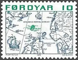 Timbre des Îles Féroé reproduisant une carte des pays scandinaves en 1573 (l'archipel figure au centre de l'image).