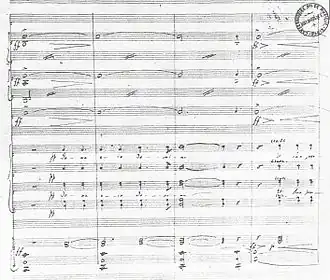 Extrait du manuscrit du Requiem de Fauré. Mesures 4–7 de l’Introït et du Kyrie