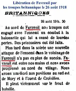 Article relatant la libération du village le 26 août 1918.