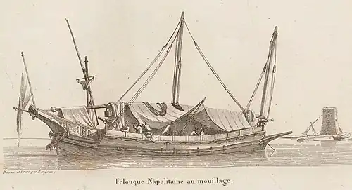 Une felouque napolitaine au mouillage, au début du XIXe&nbsp;siècle.