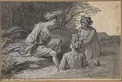 Dessin. Femmes en longues chemises et coiffes de dentelle (Fontanges)