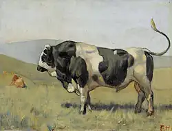 peinture du XIXe&nbsp;siècle montrant un taureau pie noir musculeux au pré.