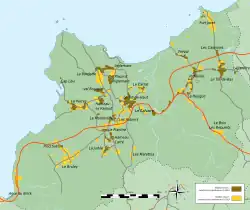 Carte en couleur présentant les différentes phase du développement urbain de Fermanville.