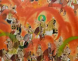Le Maharana du Mewar Swarup Singh célébrant Holi avec sa cour. Détail d'une miniature du XIXe&nbsp;siècle conservée au City Palace d'Udaipur, Rajasthan.