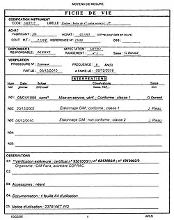 Fiche de vie d'une boîte de cales étalon.