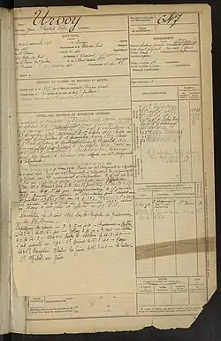 Document photographié présentant la fiche matricule militaire de Jean Urvoy.