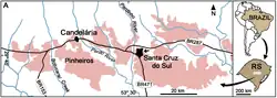 Carte montrant les zones datant du Trias moyen à tardif des villes de Candelária et de Santa Cruz do Sul. Le lieu de découverte de deux spécimens de Bonacynodon sont indiqués vers la gauche de la carte.