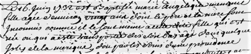 Copie de l'acte de baptême, 1732, elle est âgée d’environ 20 ans et vient de «la merique» (Amérique)
