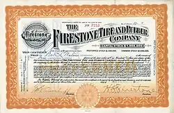 Action de préférence de la Firestone Tire and Rubber Company de 10 parts de 100 $ chacune, émise le 15 mai 1911 à Akron, Ohio, signée en original par Harvey S. Firestone en tant que président
