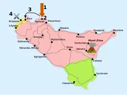 Carte montrant les positions romaines, puniques et syracusaines en Sicile entre 248 av. J.-C. et 241 av. J.-C.