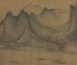Pêcheur en rivière de montagne, Xu Daoning, v. 1050, Song du Nord. Section d'un rouleau portatif, encre et couleur sur soie, 48,9&nbsp;×&nbsp;209,6&nbsp;cm. Musée d'art Nelson-Atkins, Kansas City.
