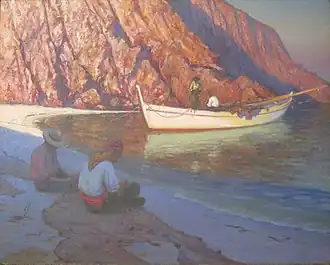 Deux pêcheurs sur le rivage et deux autres en bateauHonolulu Museum of Art