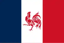 Première proposition de drapeau de la Wallonie (1907) qui est le drapeau tricolore avec le coq wallon en son centre, également utilisé par les partisans de réunion de la Wallonie à la France.