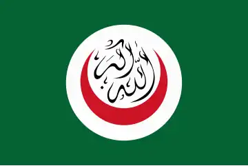 Drapeau de l'Organisation de la conférence islamique de 1981 à 2011 : le takbir y est inscrit dans un croissant islamique rouge (Allah dessous, akbar au-dessus).