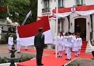 Cérémonie du 74e&nbsp;anniversaire de l'indépendance indonésienne le 17 août 2019, au Wisma Duta, la résidence officielle de l'ambassadeur.