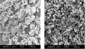 Les poudres de rhénium floconneuses et imbriquées deviennent des sphères denses et individuelles après le traitement de sphéroïdisation par plasma à couplage inductif.
