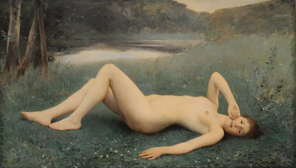 Floréal, 1886, Huile sur toile, Dim. : H. 1,10 m ; L. 1,85 m. H : 1,35 m ; L : 2,15 m (avec cadre), S.b.g. : R. COLLIN 1886,  musée des Beaux-Arts d'Arras.