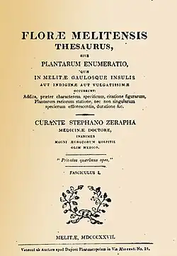 Photographie représentant la page de couverture de l'édition originale en bon état. Le titre principal est en latin sur trois ligne avec en dessous sur neuf lignes le sous titre. Séparé du titre par un trait le nom de l'auteur et sur quatre lignes ses titres et qualification en latin. En dessous encadré de deux traits dessus et dessous une maxime en latin Privatas quaerimus opes. Au-dessus  d'une couronne de feuillage l'indication du facicule, ici Facilicus L en dessous de la couronne la date d'édition en chiffres romains. En bas de page l'adresse de l'auteur éditeur