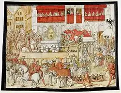 Carrousel organisé devant la Maison du Roi en 1565 dans le cadre du mariage d'Alexandre Farnèse et Marie de Portugal.