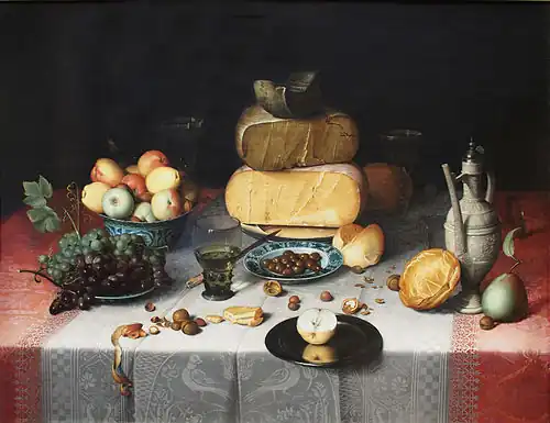 Nature morte aux fromages (1615), huile sur panneau de bois (82,2&nbsp;×&nbsp;111,2&nbsp;cm), Amsterdam, Rijksmuseum.