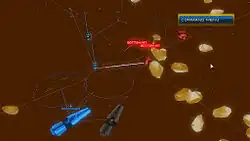 Des vaisseaux spatiaux multicolores tirent des projectiles sur des rochers gris.