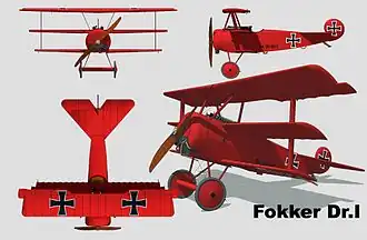 Plan 3 vues du Fokker Dr.I, l'avion de prédilection de Manfred von Richthofen, dit le «&nbsp;Baron Rouge&nbsp;».