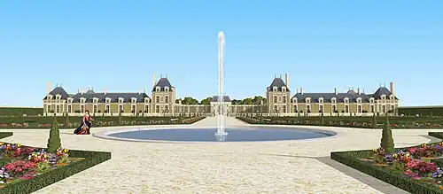 Restitution de la Folie Rambouillet vers 1680, vue depuis le parterre sur les constructions.