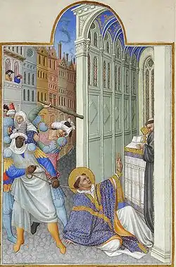 Grande miniature sur parchemin représentant le saint à terre battu par des hommes.