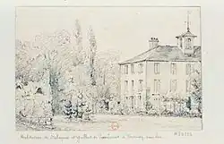 Dessin à la mine de plomb représentant une maison de campagne de deux étages dans un parc arboré.