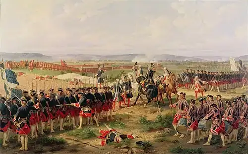 Bataille de Fontenoy Lord Charles Hay et Comte d'Enteroches : Messieurs les anglais tirez les premiers, œuvre du peintre  Henri Félix Emmanuel Philippoteaux, 1873.